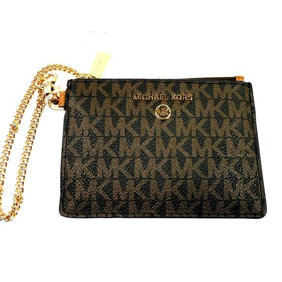 Michael Kors Wristlet Wallet with Gold Chain Brown on Black 5 X 3.5 inches - Picture 1 of 8
